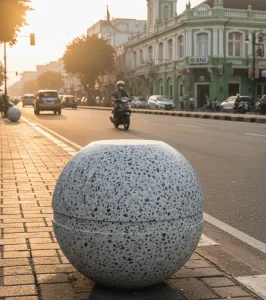 Bollard terazo bentuk bola kursi di Trotoar